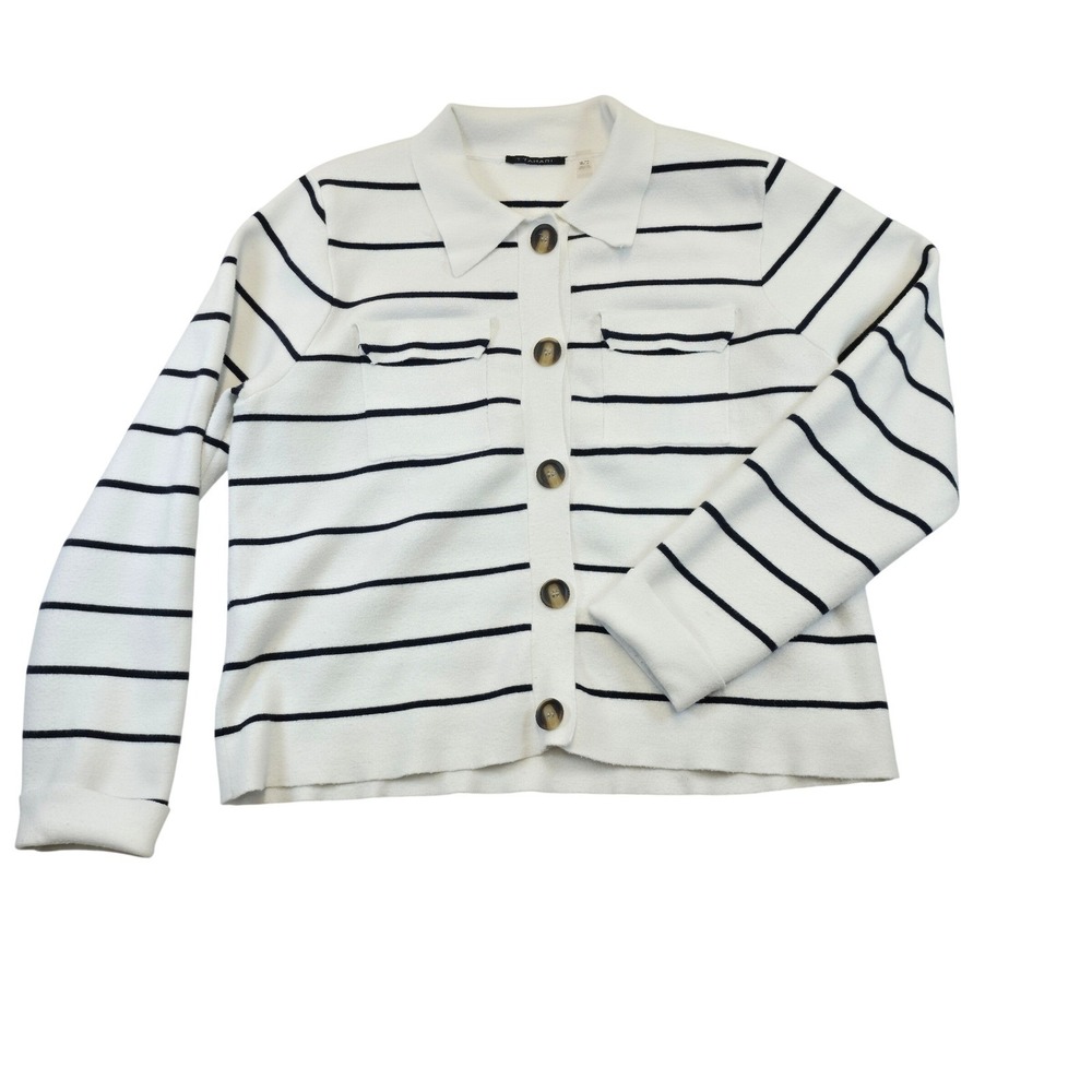 Tahari White Black Stripe Collared Button Front Knit Cardigan Sweater XL